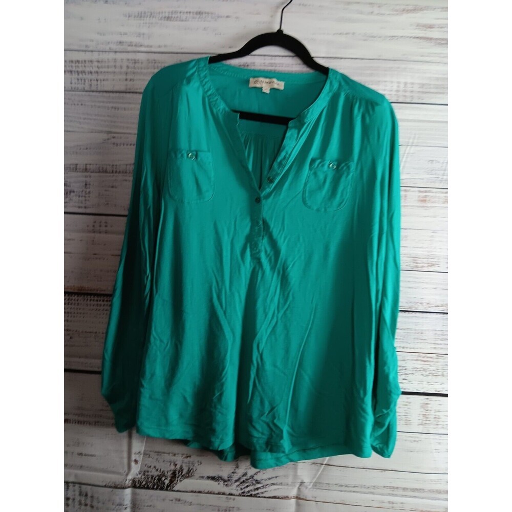 Jones New York Blouse Women's Large Green Long Sleeve V-Neck Cotton Blend